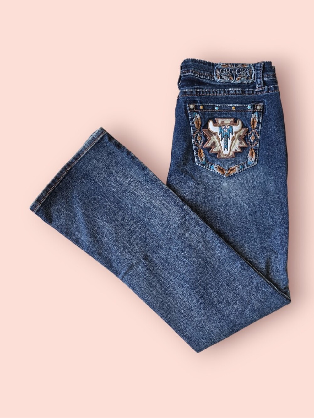 Grace in LA Southwestern Steer Head Pocket Bootcut Jeans Size 33